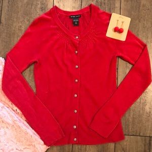Red Cardigan with sparkle buttons